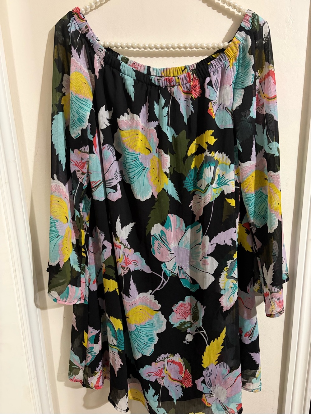 love, Fire Black Floral Off-Shoulder Long Sleeve Dress with Pastel Blooms